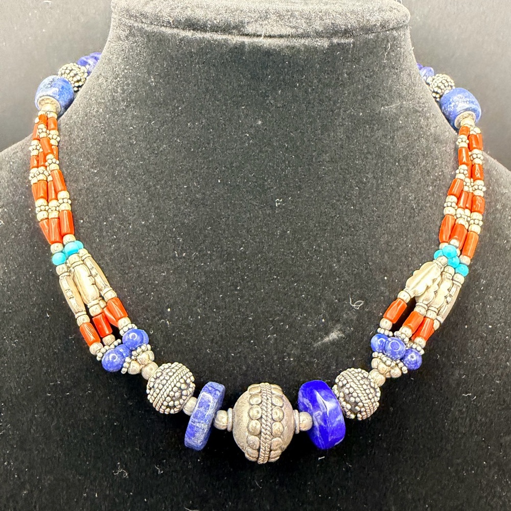 Artisan hand made lapis, turquoise, and coral beaded necklace, adjustable
